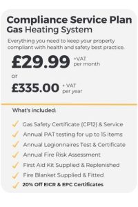 Compliance service plan. Gas heating system. £29.99 + VAT per month.