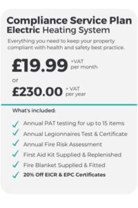 Compliance service plan. Electric heating system. £19.99 + VAT per month.