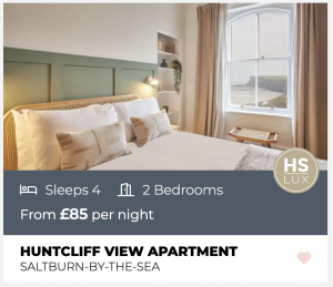 Accommodation: Huntcliff View Apartment in Saltburn-by-the-Sea. Sleeps 4, 2 bedrooms, from £85 per night.
