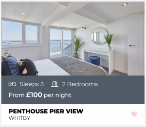 Accommodation: Penthouse Pier View in Whitby. Sleeps 3, 2 bedrooms, from £100 per night.