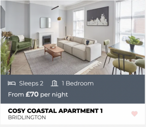 Accommodation: Cosy Coastal Apartment 1 in Bridlington. Sleeps 2, 1 bedroom, from £70 per night.