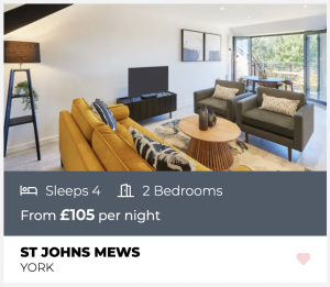 Accommodation: St Johns Mews in York. Sleeps 4, 2 bedrooms, from £105 per night.
