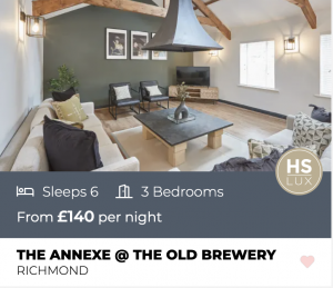 Accommodation: The Annexe @ The Old Brewery in Richmond. Sleeps 6, 3 bedrooms, from £140 per night.