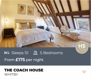 Accommodation: The Coach House in Whitby. Sleeps 10, 5 bedrooms, from £175 per night.
