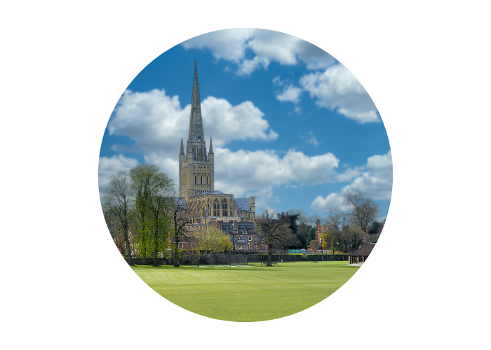 A view of Norwich Cathedral from afar. At the forefront of the image is a pristine green lawn with the tall tower of the cathedral in the background in front of a blue sky with white clouds. 