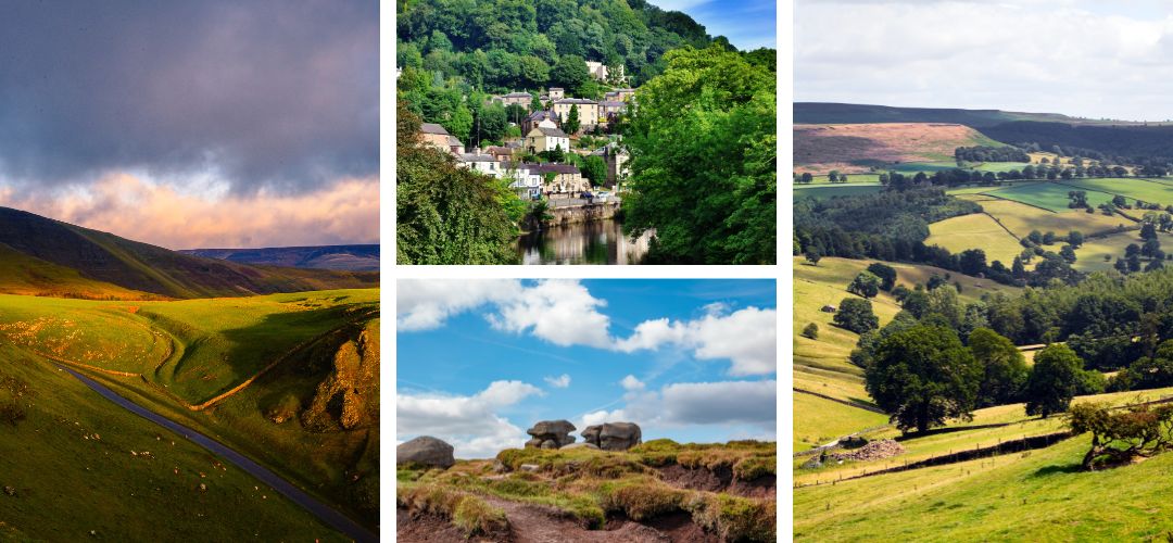 A collection of Peak District images including views of the countryside and the village of Matlock Bath.